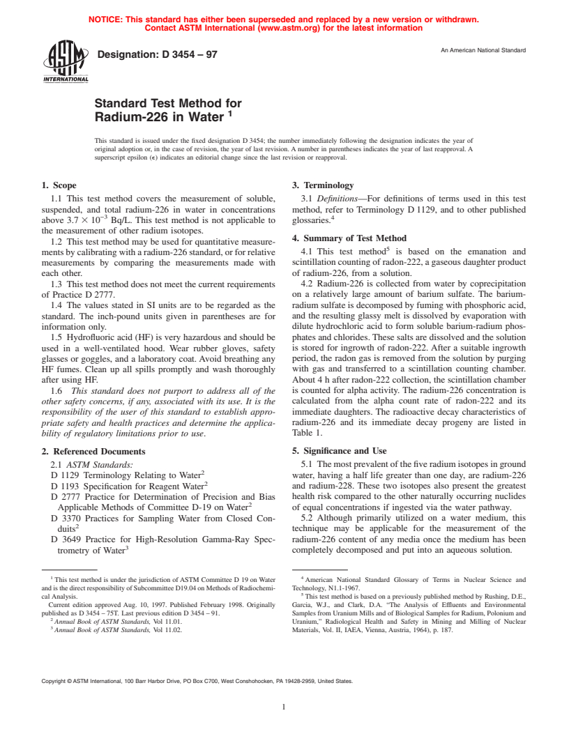 ASTM D3454-97 - Standard Test Method for Radium-226 in Water