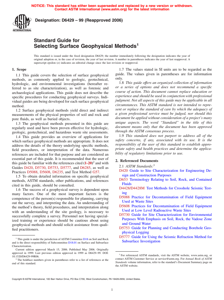 ASTM D6429-99(2006) - Standard Guide for Selecting Surface Geophysical Methods