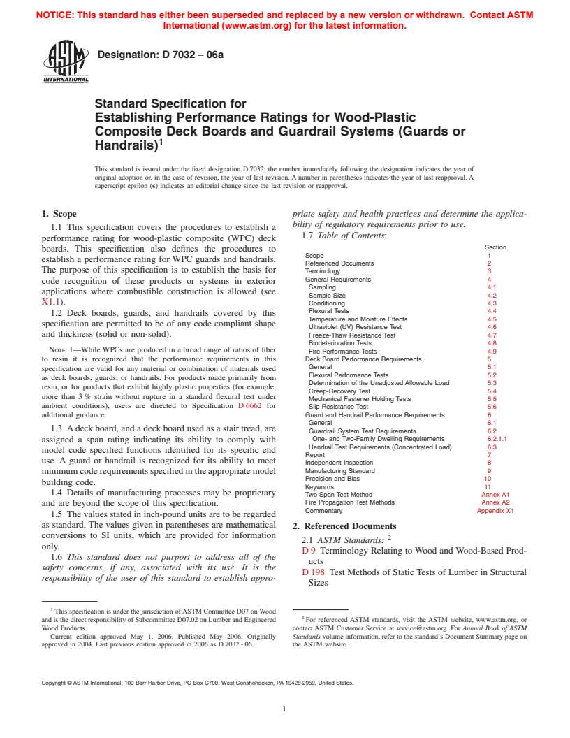 ASTM D7032-06a - Standard Specification for Establishing Performance Ratings for Wood-Plastic Composite Deck Boards and Guardrail Systems (Guards or Handrails)