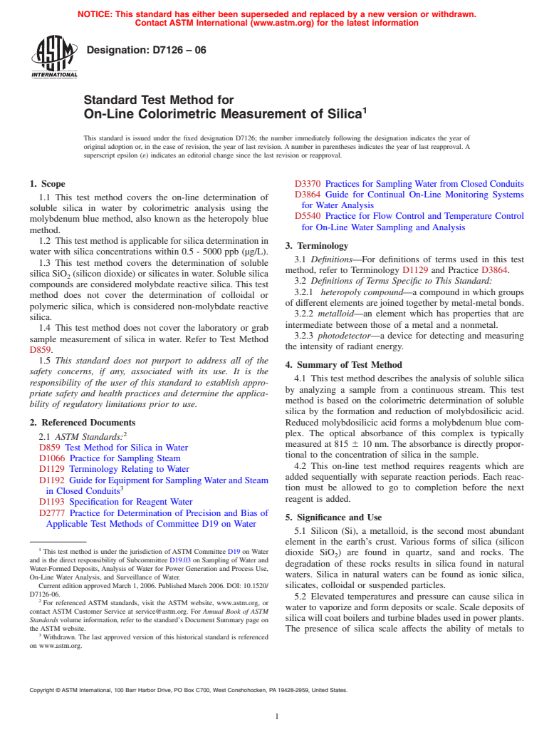 ASTM D7126-06 - Standard Test Method for On-Line Colorimetric Measurement of Silica