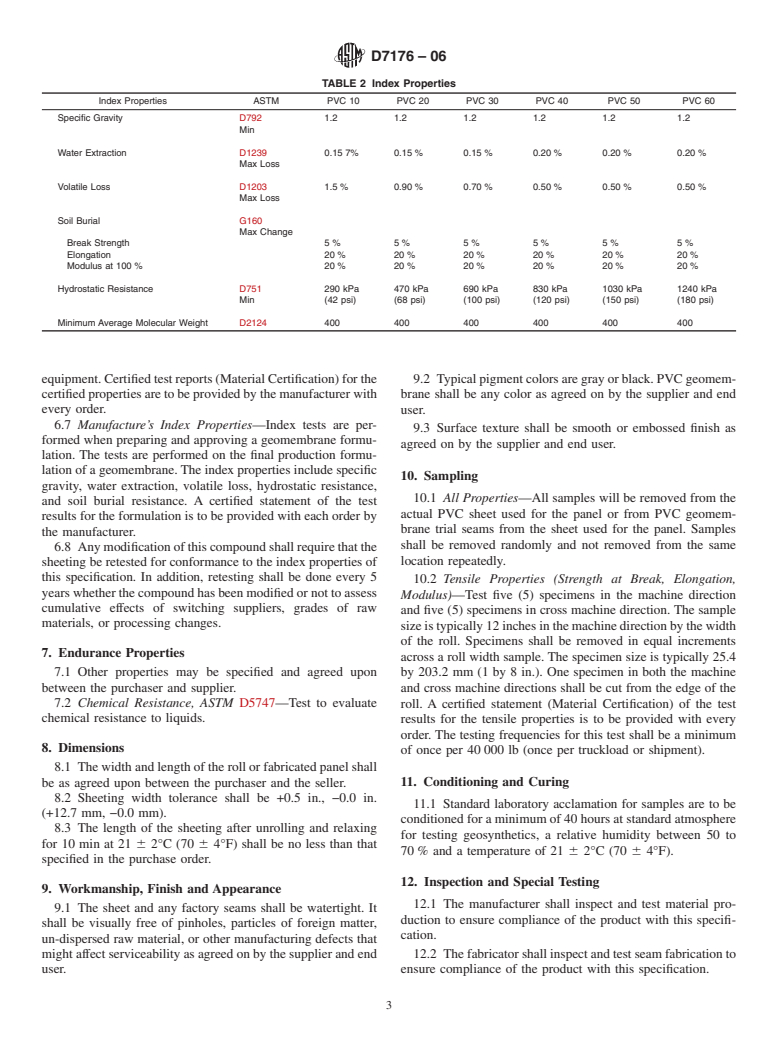 ASTM D7176-06 - Standard Specification for Non-Reinforced Polyvinyl Chloride (PVC) Geomembranes Used in Buried Applications