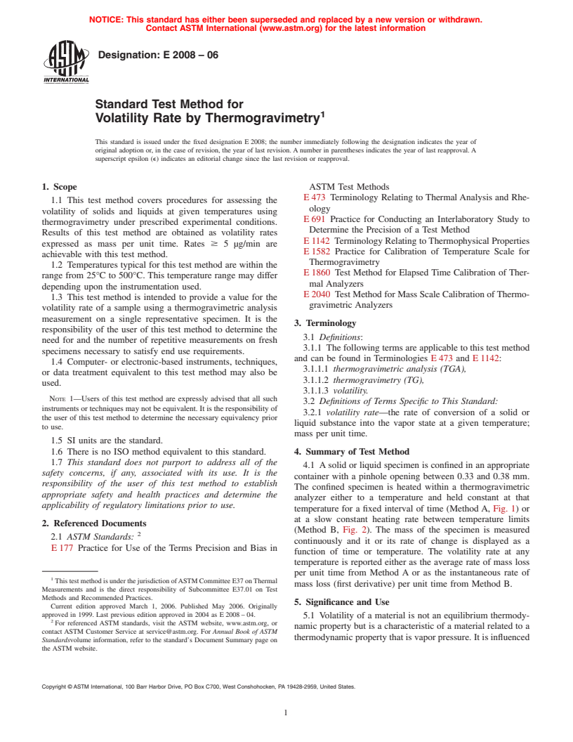 ASTM E2008-06 - Standard Test Method for Volatility Rate by Thermogravimetry