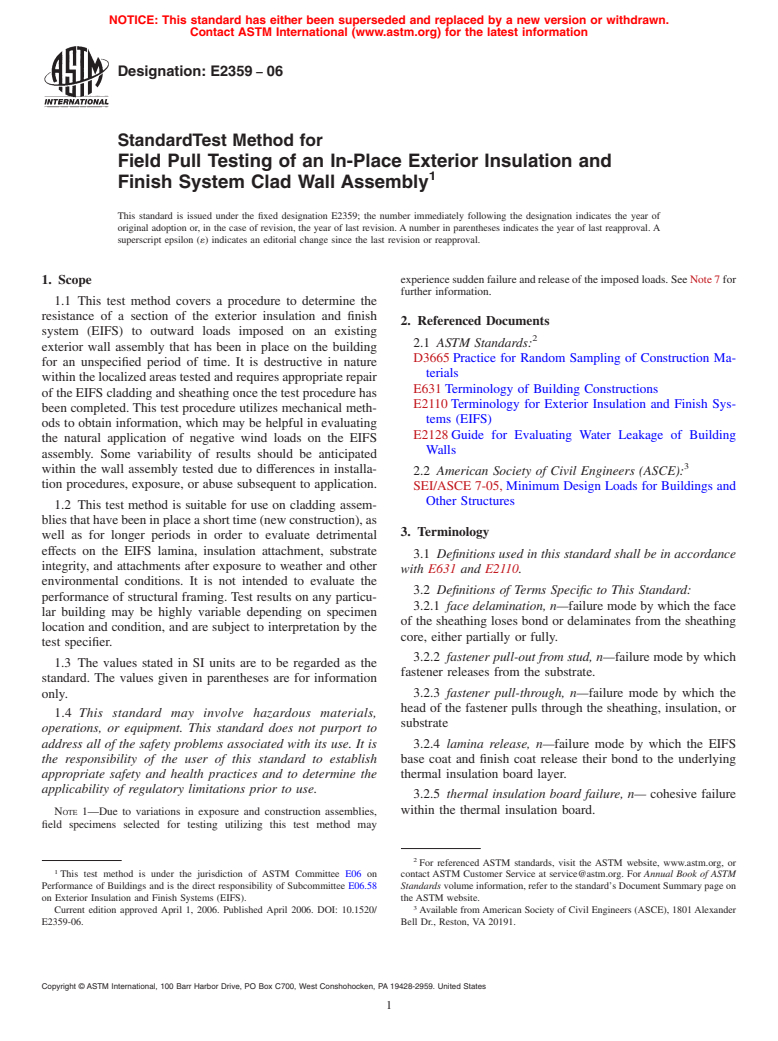 ASTM E2359-06 - Standard Test Method for Field Pull Testing of an In-Place Exterior Insulation and Finish System Clad Wall Assembly