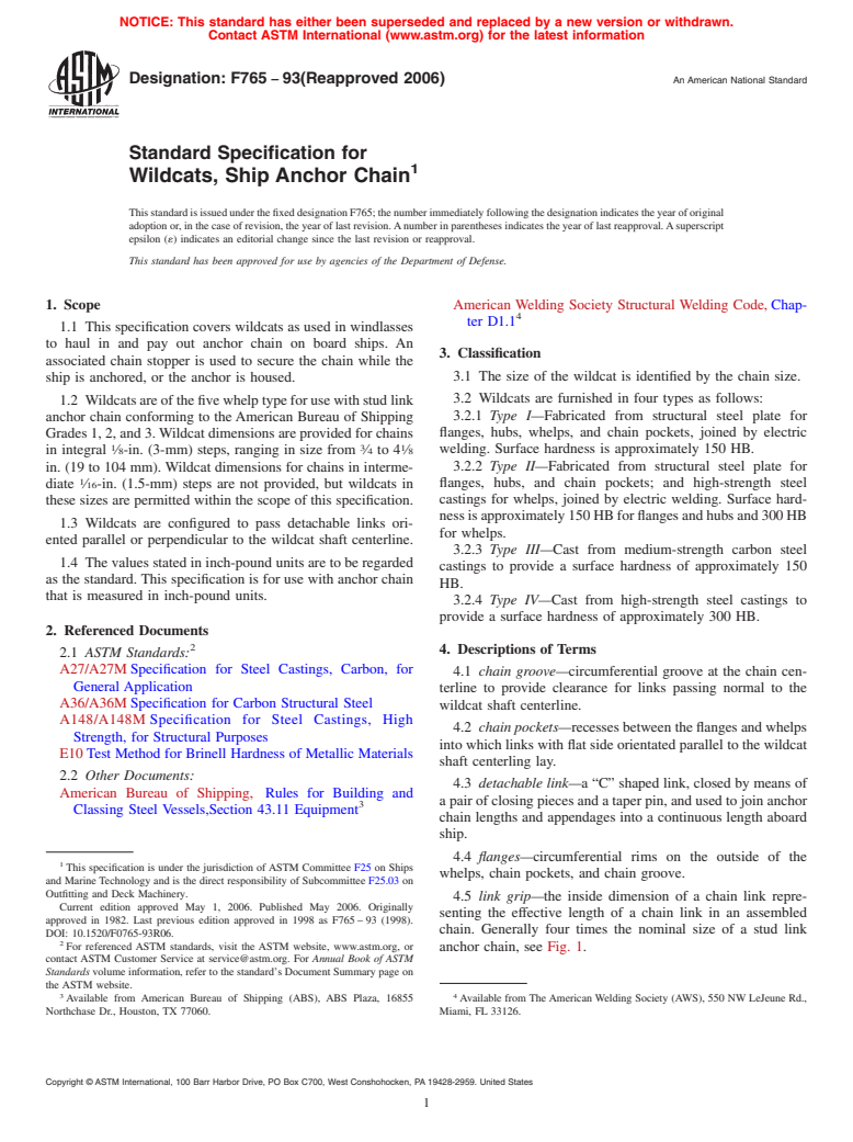 ASTM F765-93(2006) - Standard Specification for Wildcats, Ship Anchor Chain