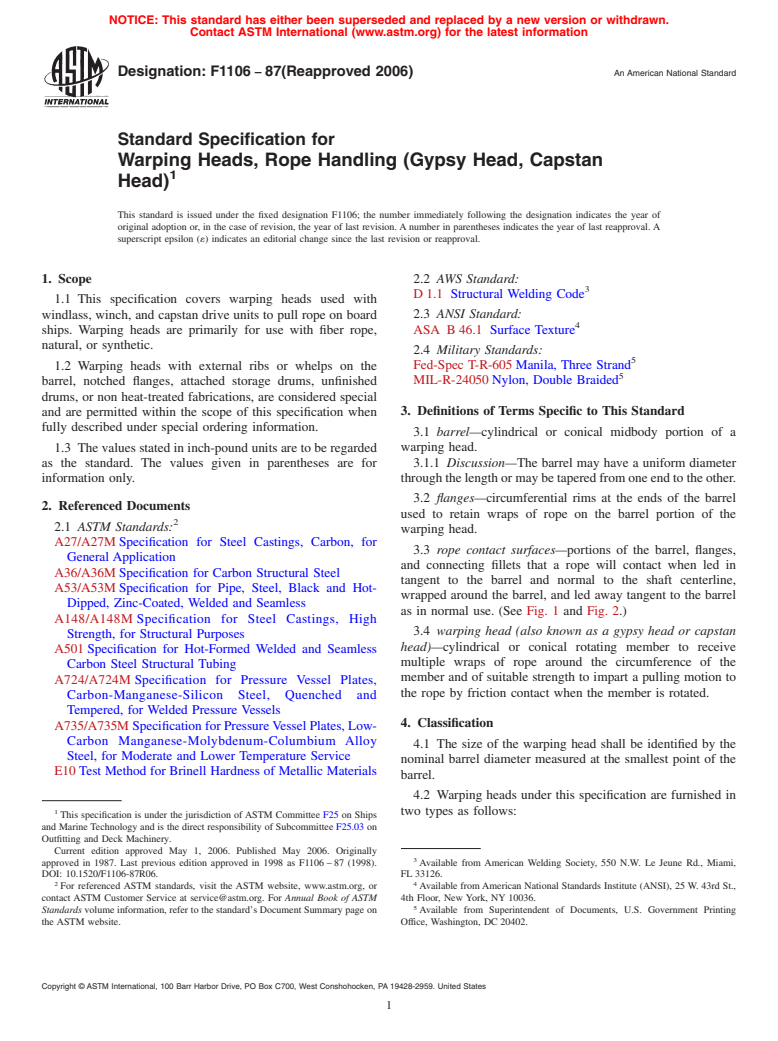 ASTM F1106-87(2006) - Standard Specification for Warping Heads, Rope Handling (Gypsy Head, Capstan Head)