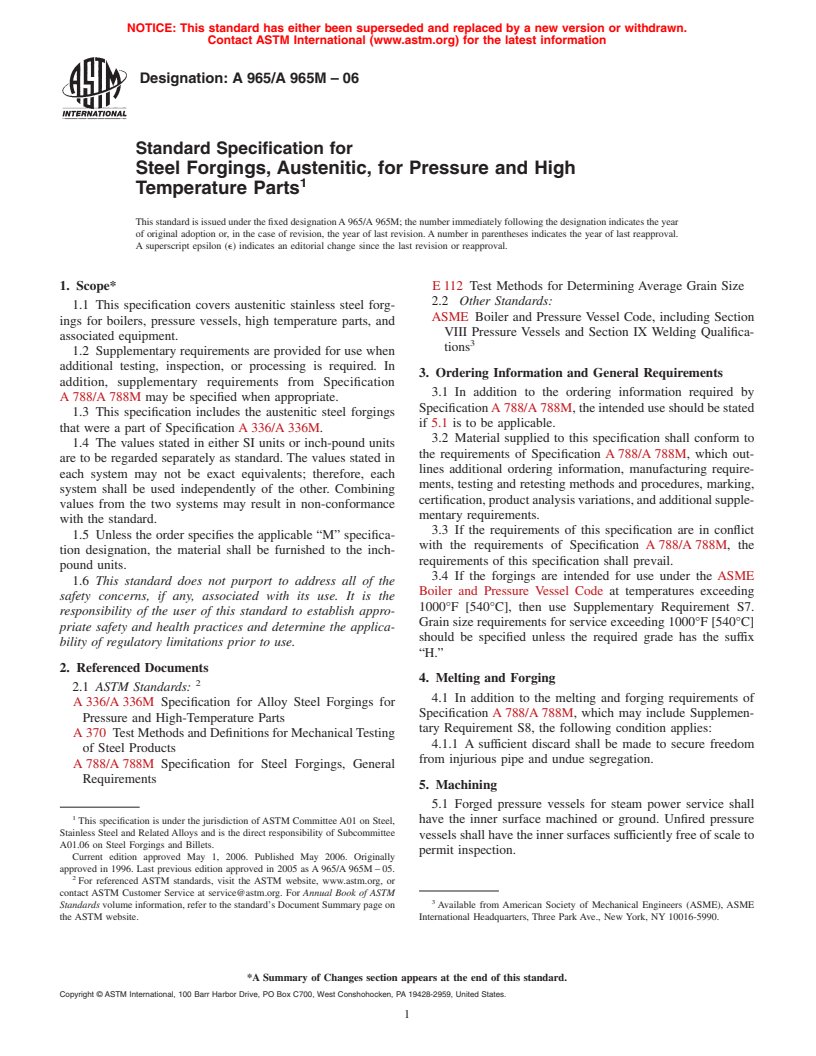 ASTM A965/A965M-06 - Standard Specification for Steel Forgings, Austenitic, for Pressure and High Temperature Parts