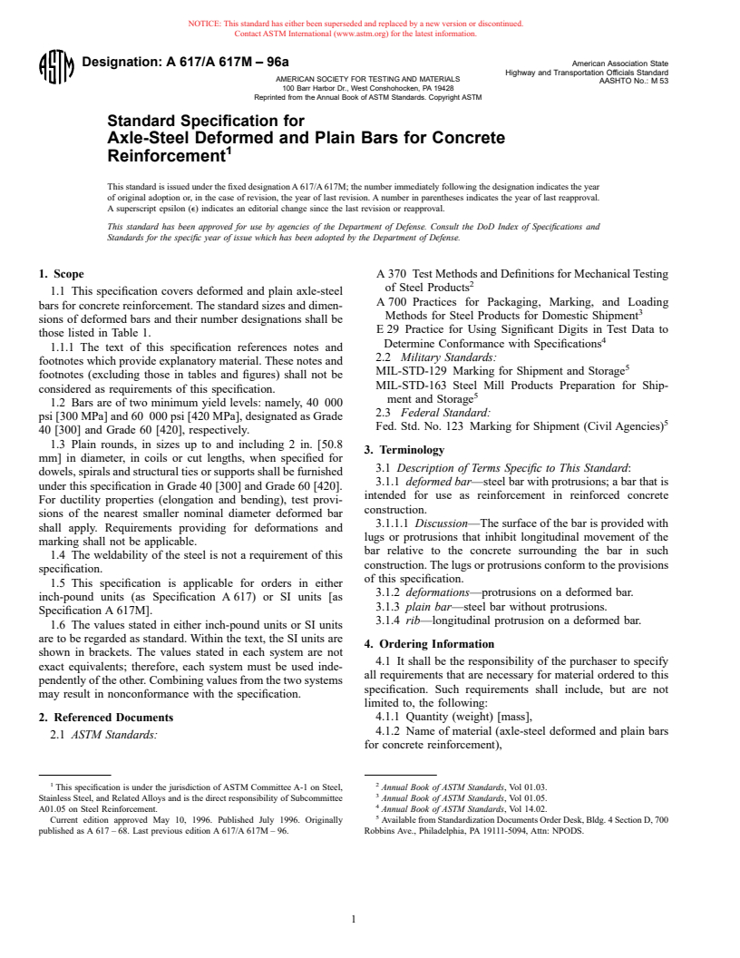 ASTM A617/A617M-96a - Standard Specification for Axle-Steel Deformed and Plain Bars for Concrete Reinforcement (Withdrawn 1999)