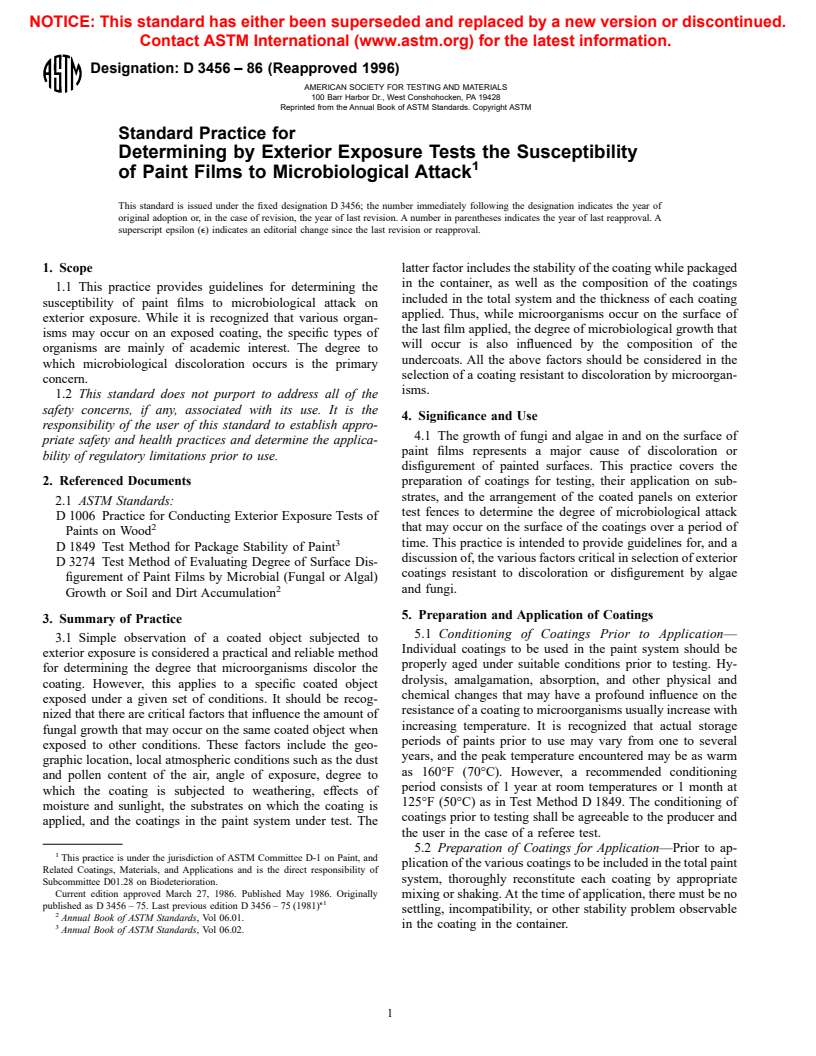 ASTM D3456-86(1996) - Standard Practice for Determining by Exterior Exposure Tests the Susceptibility of Paint Films to Microbiological Attack