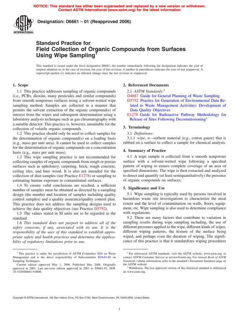 ASTM D6661-01(2006) - Standard Practice for Field Collection of Organic Compounds from Surfaces Using Wipe Sampling