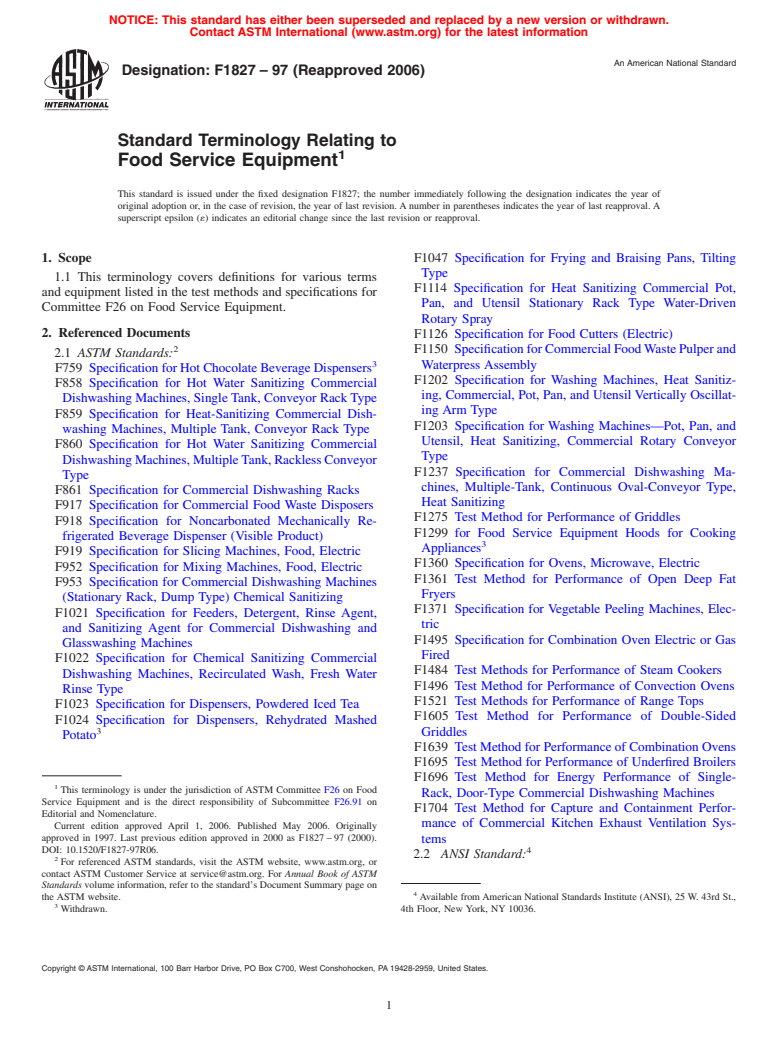 ASTM F1827-97(2006) - Standard Terminology Relating to Food Service Equipment