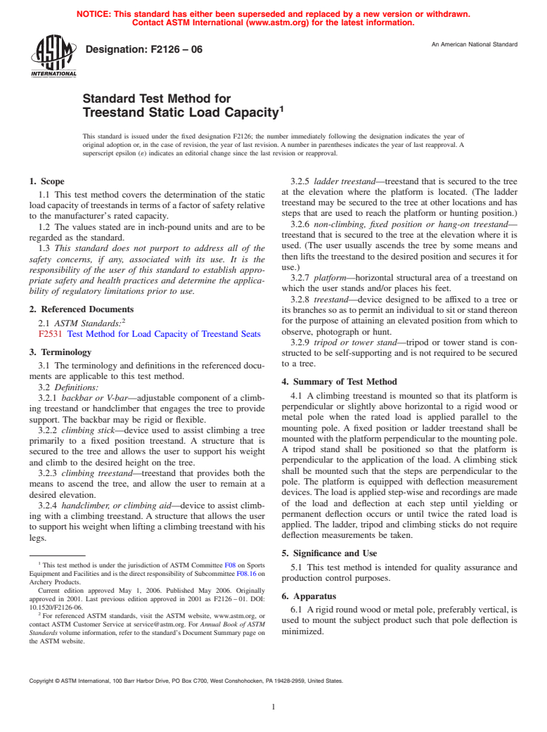 ASTM F2126-06 - Standard Test Method for Treestand Static Load Capacity