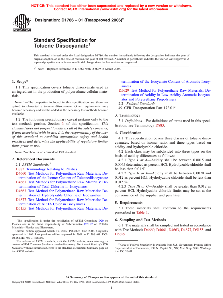 ASTM D1786-01(2006)e1 - Standard Specification for Toluene Diisocyanate