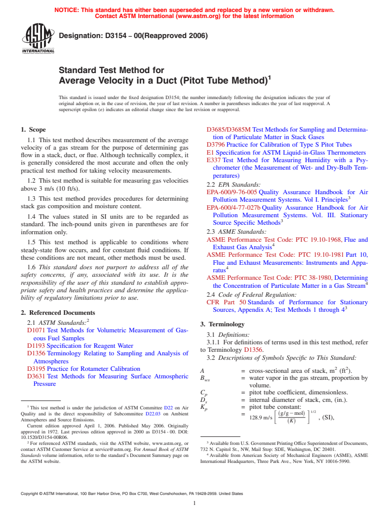 ASTM D3154-00(2006) - Standard Test Method for Average Velocity in a Duct (Pitot Tube Method)