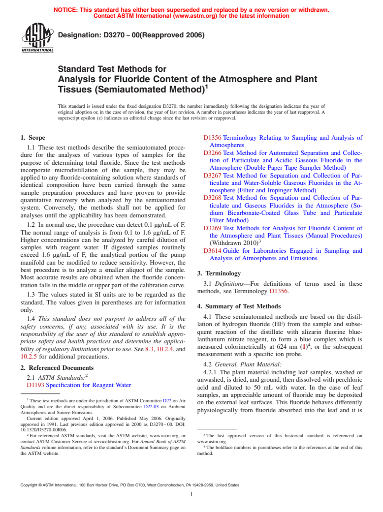 ASTM D3270-00(2006) - Standard Test Methods for Analysis for Fluoride Content of the Atmosphere and Plant Tissues (Semiautomated Method)