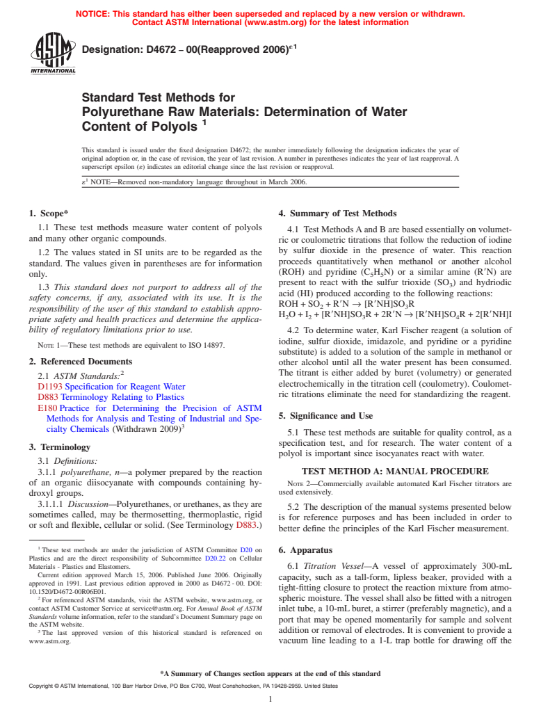 ASTM D4672-00(2006)e1 - Standard Test Methods for Polyurethane Raw Materials: Determination of Water Content of Polyols