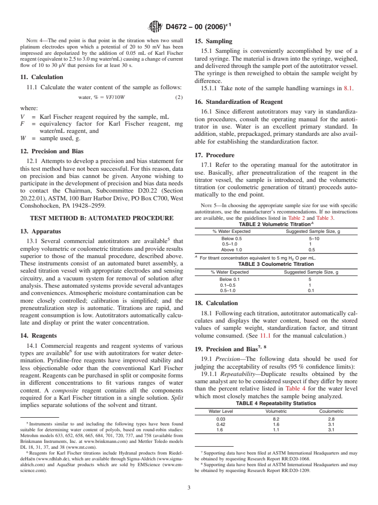 ASTM D4672-00(2006)e1 - Standard Test Methods for Polyurethane Raw Materials: Determination of Water Content of Polyols