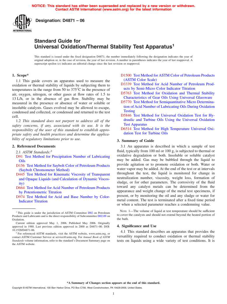 ASTM D4871-06 - Standard Guide for Universal Oxidation/Thermal Stability Test Apparatus