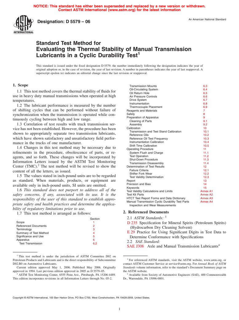ASTM D5579-06 - Standard Test Method for Evaluating the Thermal Stability of Manual Transmission Lubricants in a Cyclic Durability Test