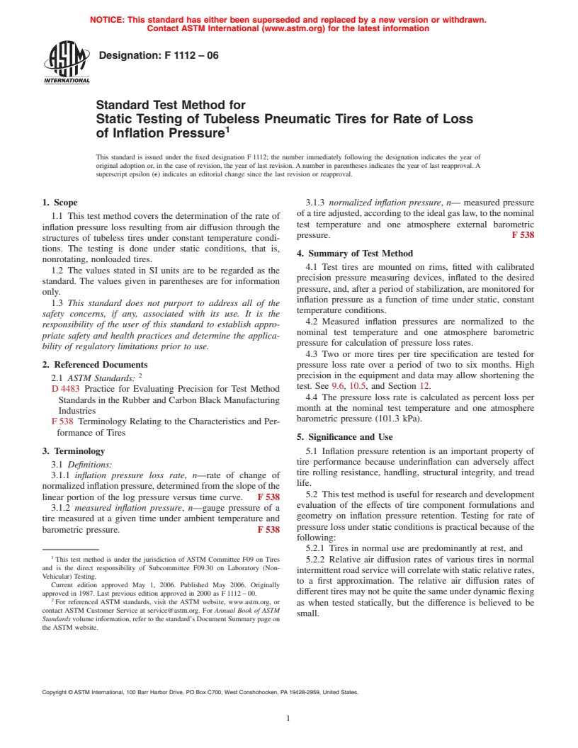 ASTM F1112-06 - Standard Test Method for Static Testing of Tubeless Pneumatic Tires for Rate of Loss of Inflation Pressure