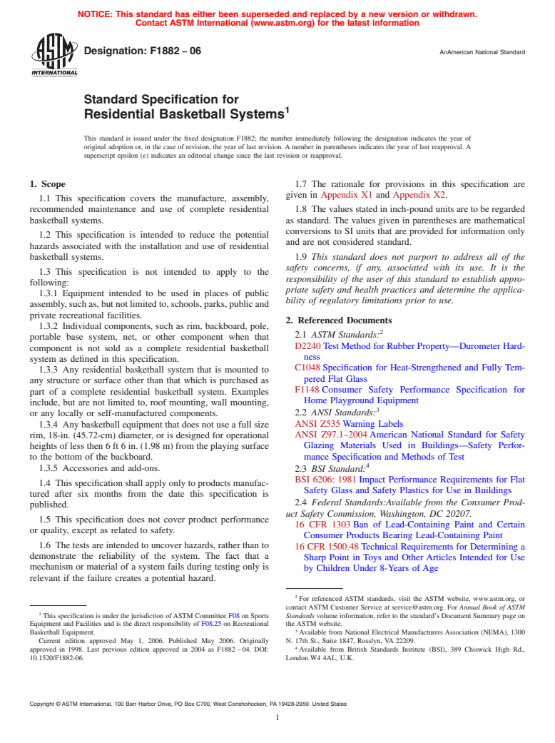 ASTM F1882-06 - Standard Specification for Residential Basketball Systems