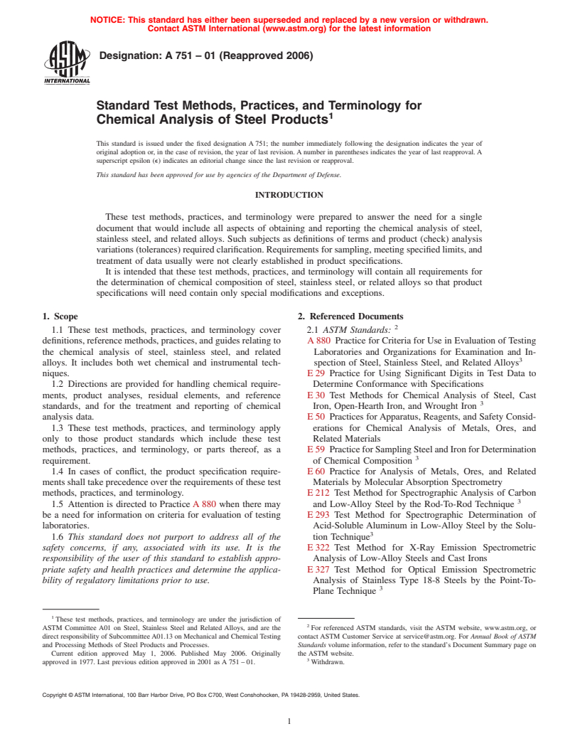 ASTM A751-01(2006) - Standard Test Methods, Practices, and Terminology for Chemical Analysis of Steel Products