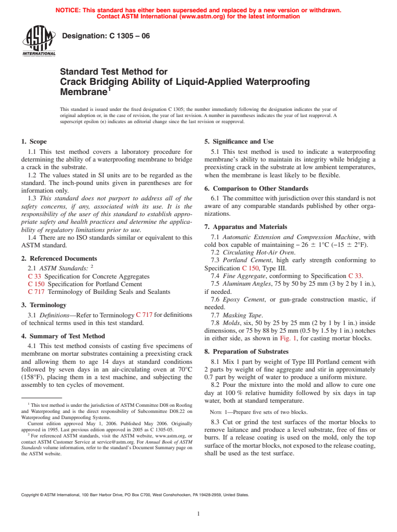 ASTM C1305-06 - Standard Test Method for Crack Bridging Ability of Liquid-Applied Waterproofing Membrane