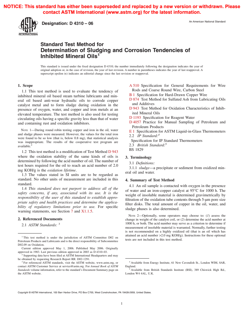 ASTM D4310-06 - Standard Test Method for Determination of Sludging and Corrosion Tendencies of Inhibited Mineral Oils