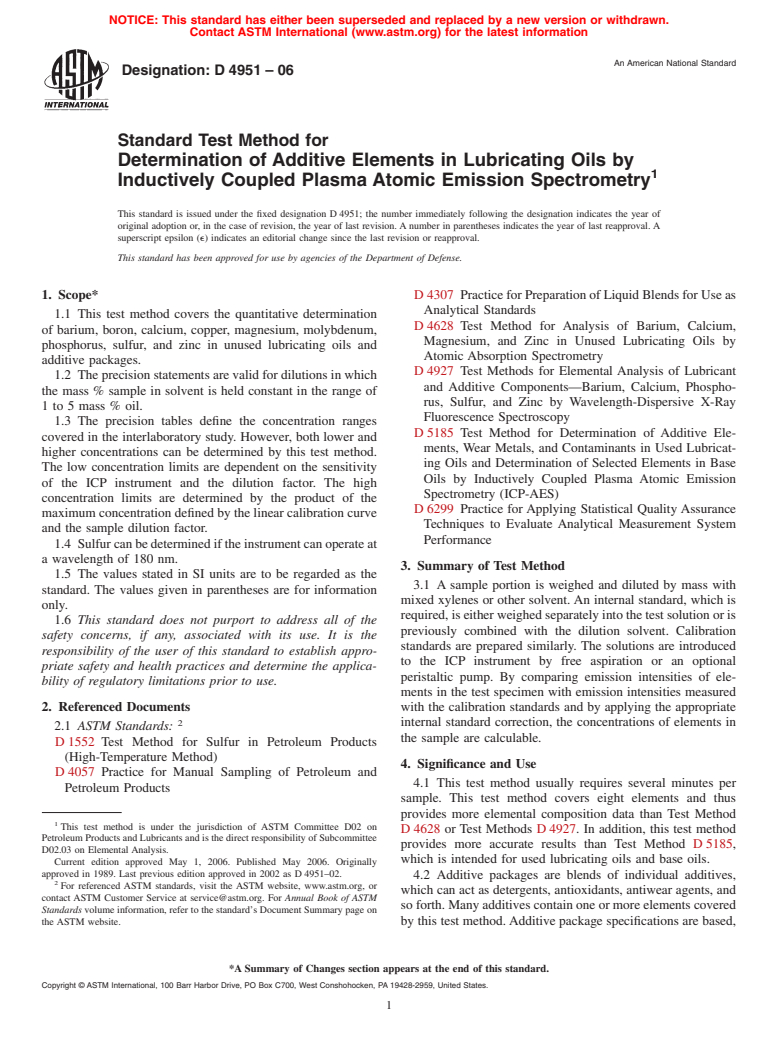 ASTM D4951-06 - Standard Test Method for Determination of Additive Elements in Lubricating Oils by Inductively Coupled Plasma Atomic Emission Spectrometry