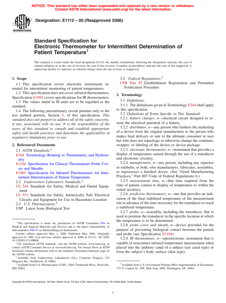 ASTM E1112-00(2006) - Standard Specification for Electronic Thermometer for Intermittent Determination of Patient Temperature