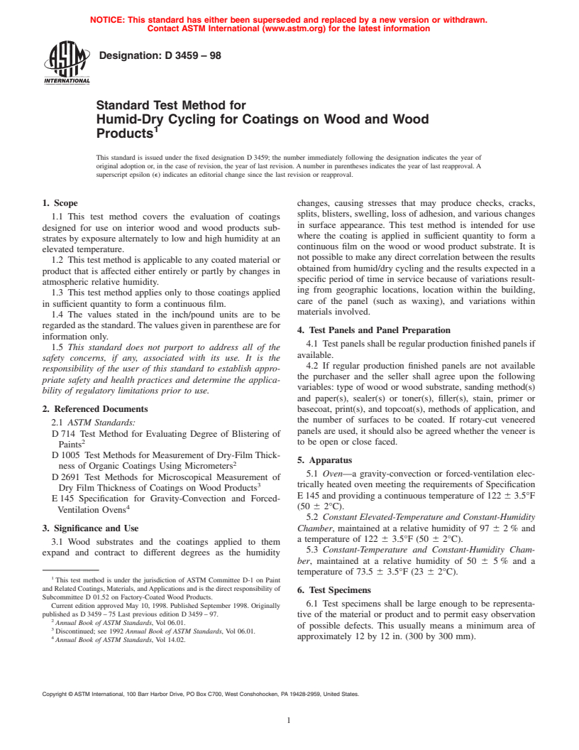 ASTM D3459-98 - Standard Test Method for Humid-Dry Cycling for Coatings on Wood and Wood Products (Withdrawn 2007)