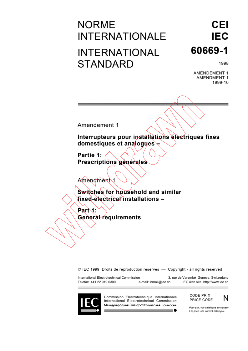 IEC 60669-1:1998/AMD1:1999 - Amendment 1 - Switches for household and similar fixed-electrical installations - Part 1: General requirements
Released:10/18/1999
Isbn:2831849225