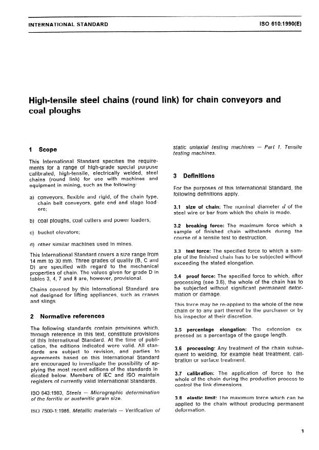 ISO 610:1990 - High-tensile steel chains (round link) for chain conveyors and coal ploughs
