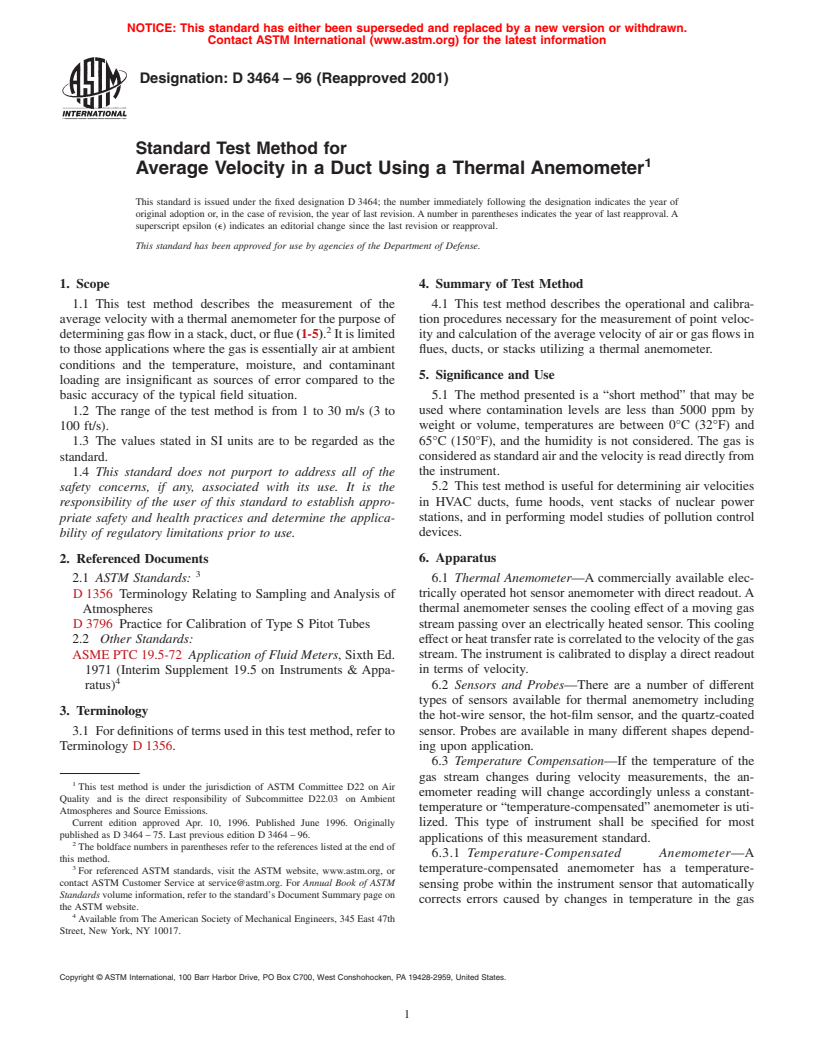 ASTM D3464-96(2001) - Standard Test Method for Average Velocity in a Duct Using a Thermal Anemometer