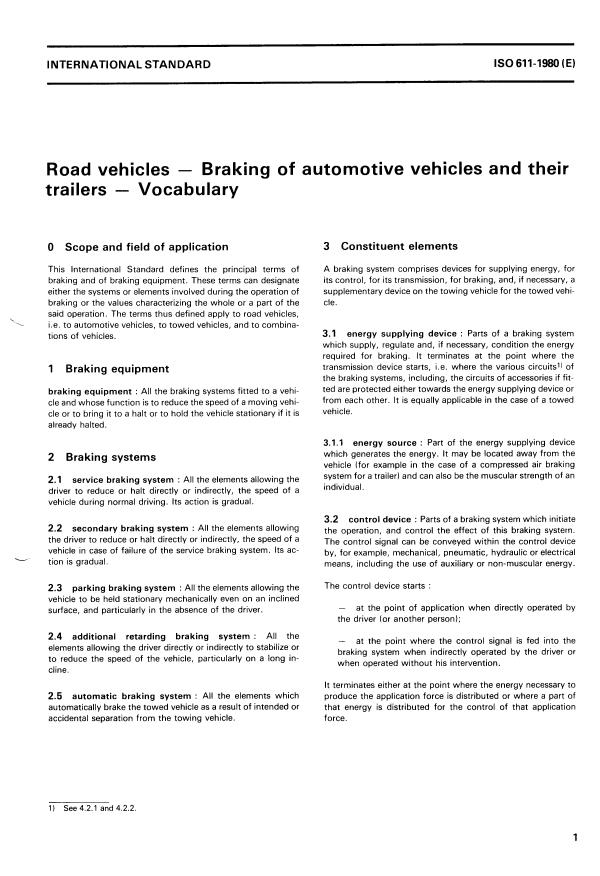 ISO 611:1980 - Road vehicles -- Braking of automotive vehicles and their trailers -- Vocabulary