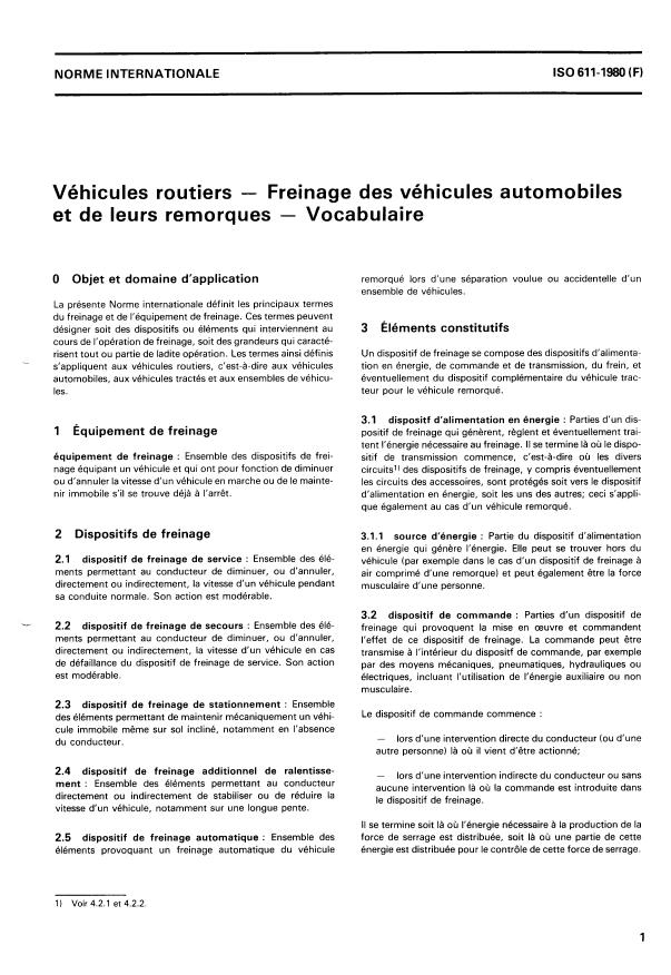 ISO 611:1980 - Véhicules routiers -- Freinage des véhicules automobiles et de leurs remorques -- Vocabulaire