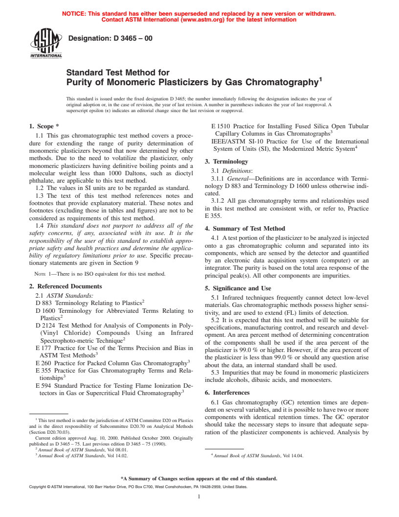 ASTM D3465-00 - Standard Test Method for Purity of Monomeric Plasticizers by Gas Chromatography