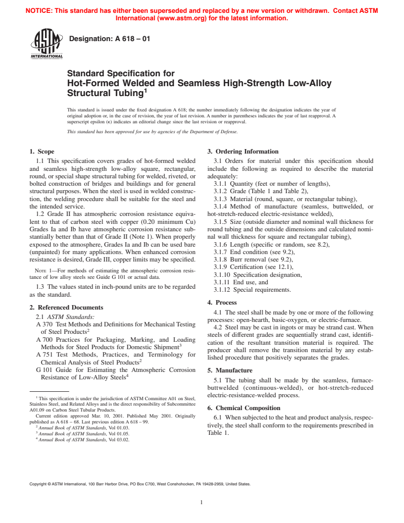 ASTM A618-01 - Standard Specification for Hot-Formed Welded and Seamless High-Strength Low-Alloy Structural Tubing