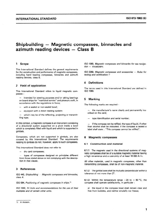 ISO 613:1982 - Shipbuilding -- Magnetic compasses, binnacles and azimuth reading devices -- Class B