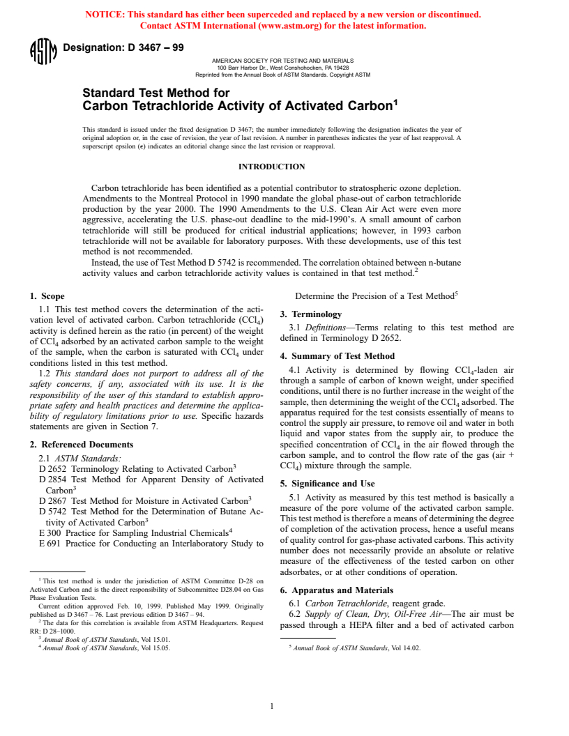 ASTM D3467-99 - Standard Test Method for Carbon Tetrachloride Activity of Activated Carbon