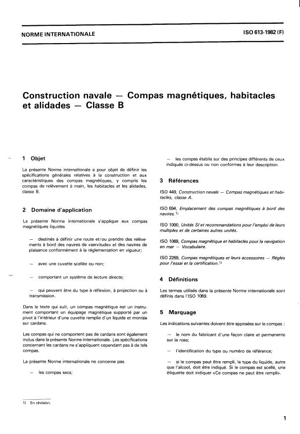 ISO 613:1982 - Construction navale -- Compas magnétiques, habitacles et alidades -- Classe B