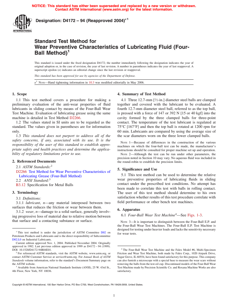 ASTM D4172-94(2004)e1 - Standard Test Method for Wear Preventive Characteristics of Lubricating Fluid (Four-Ball Method)