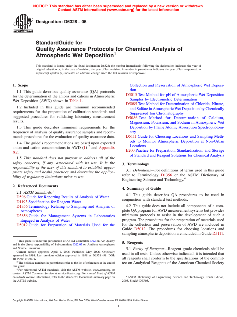 ASTM D6328-06 - Standard Guide for Quality Assurance Protocols for Chemical Analysis of Atmospheric Wet Deposition