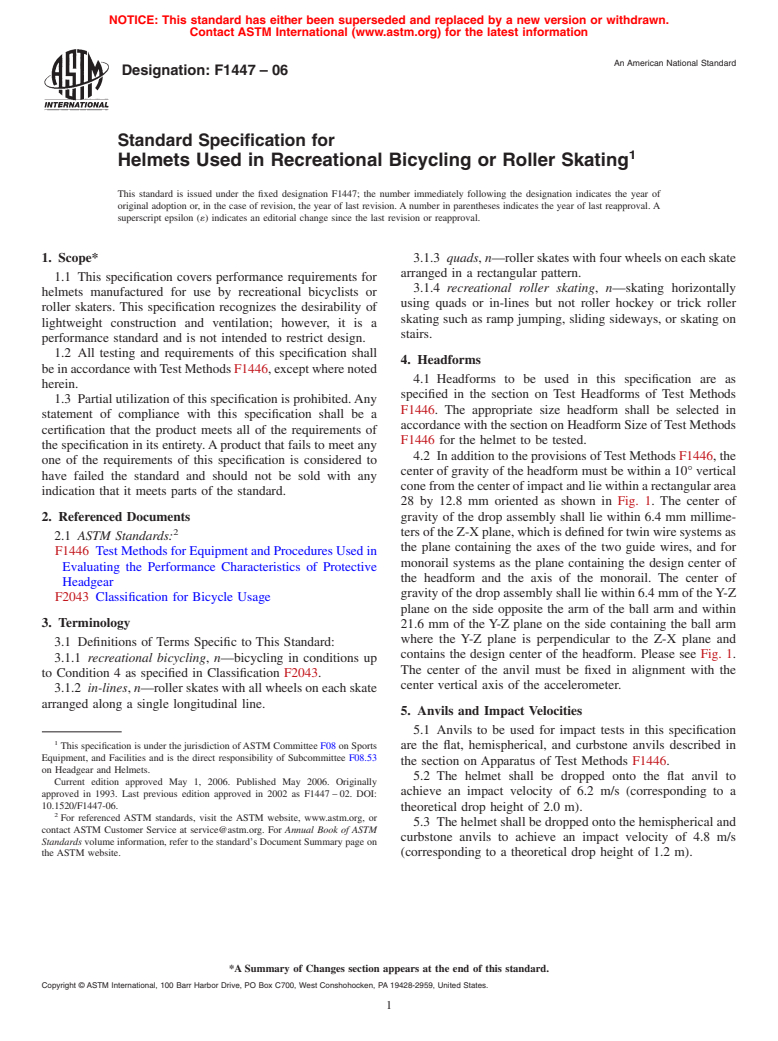 ASTM F1447-06 - Standard Specification for Helmets Used in Recreational Bicycling or Roller Skating