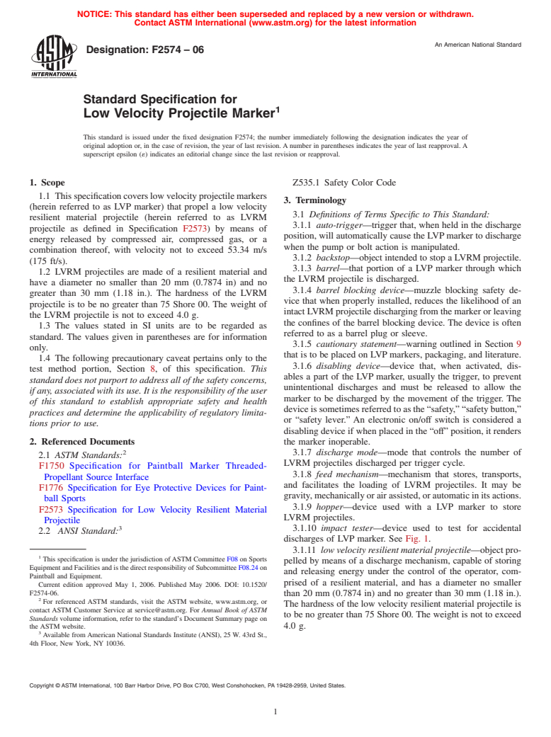 ASTM F2574-06 - Standard Specification for Low Velocity Projectile Marker