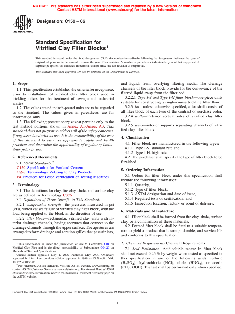 ASTM C159-06 - Standard Specification for Vitrified Clay Filter Blocks