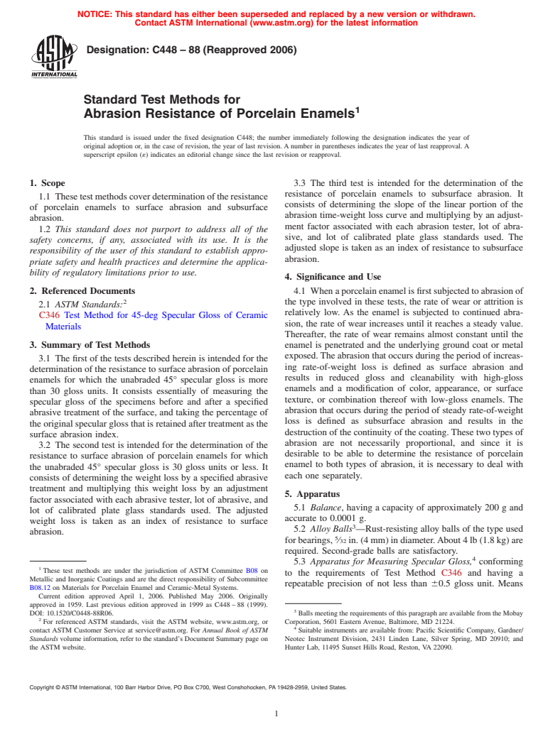 ASTM C448-88(2006) - Standard Test Methods for Abrasion Resistance of Porcelain Enamels