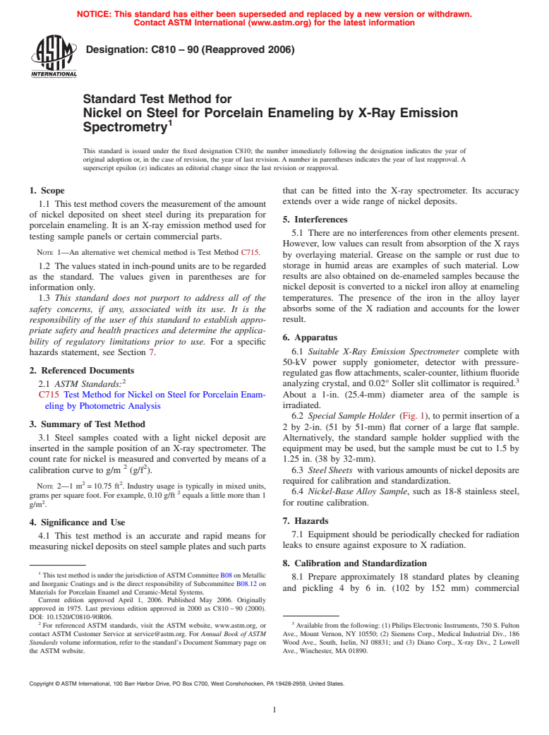 ASTM C810-90(2006) - Standard Test Method for Nickel on Steel for Porcelain Enameling by X-Ray Emission Spectrometry