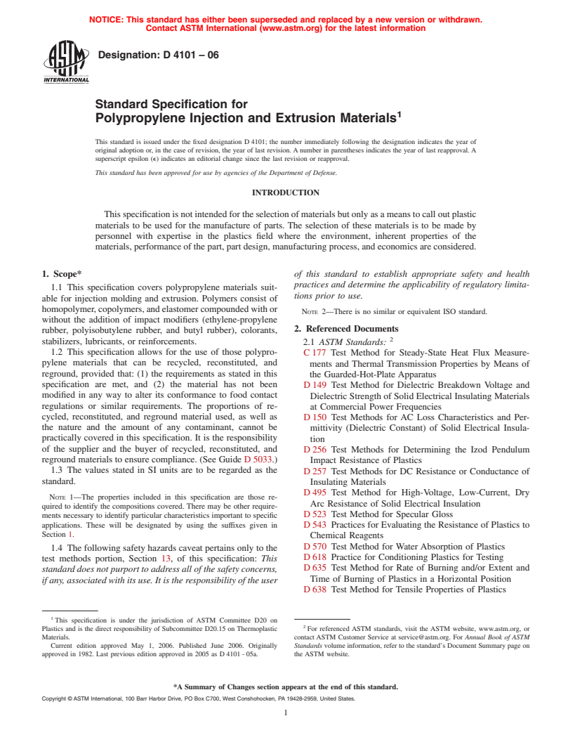 ASTM D4101-06 - Standard Specification for Polypropylene Injection and Extrusion Materials