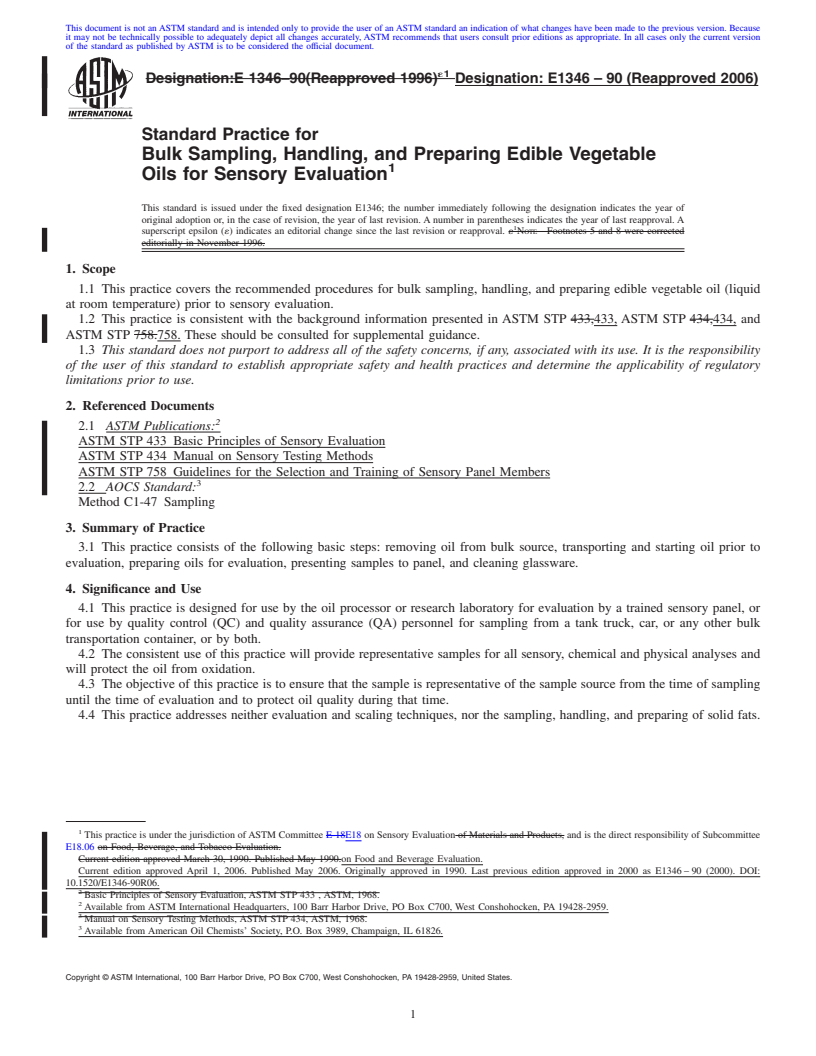 REDLINE ASTM E1346-90(2006) - Standard Practice for Bulk Sampling, Handling, and Preparing Edible Vegetable Oils for Sensory Evaluation