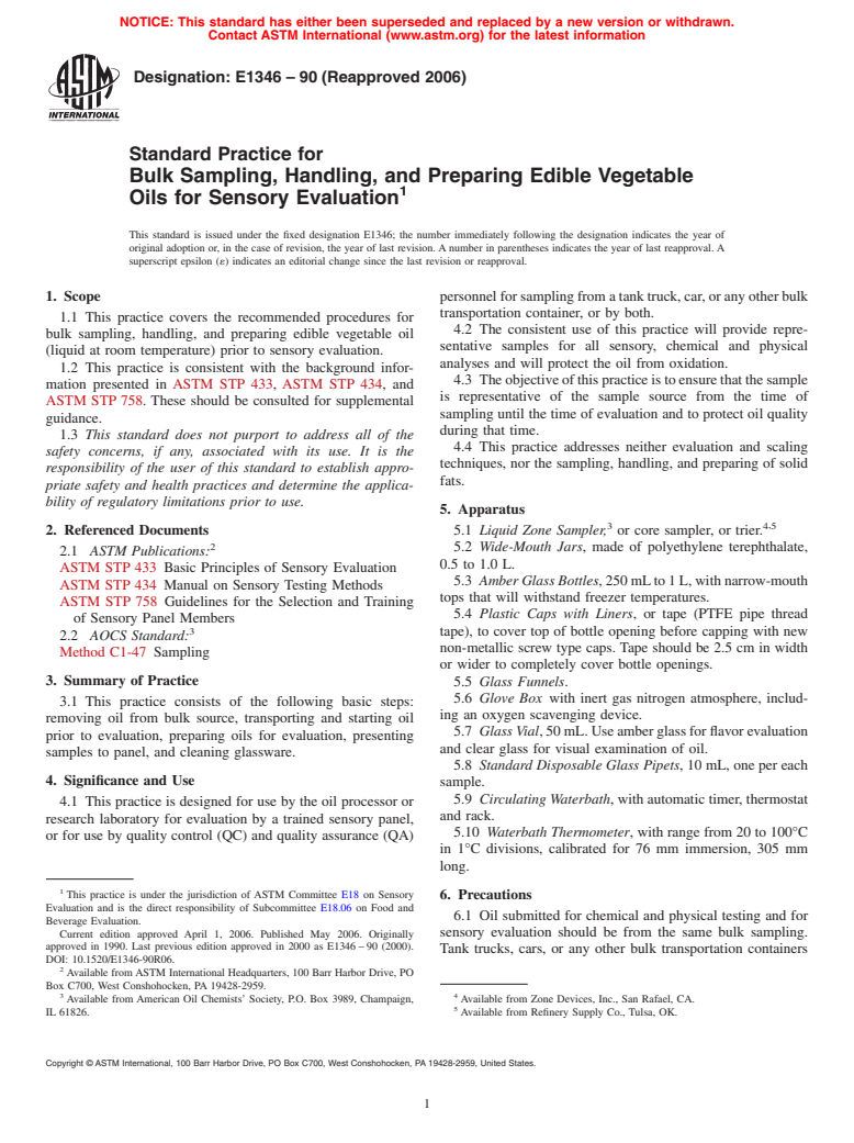 ASTM E1346-90(2006) - Standard Practice for Bulk Sampling, Handling, and Preparing Edible Vegetable Oils for Sensory Evaluation